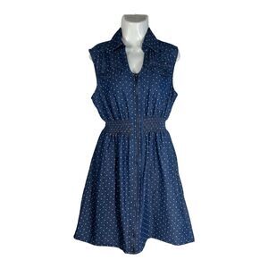 J Gee Chambray Denim Smocked Dress Large Blue Polka Dot Sleeveless Zipper Front